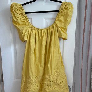 Yellow Puff Sleeve Eyelet Hem Women's Dress